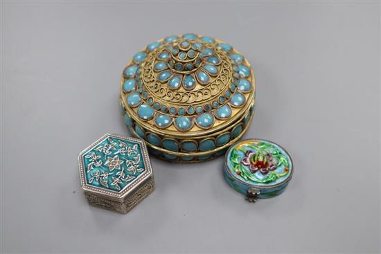 Two miniature enamelled silver boxes and a larger gilt metal box and cover, latter 8cm